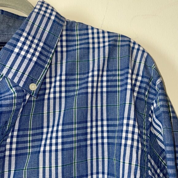 Saddlebred Mens Blue White Plaid Button-Down Shirt L Cotton/Polyester Long Sleev - Picture 5 of 7